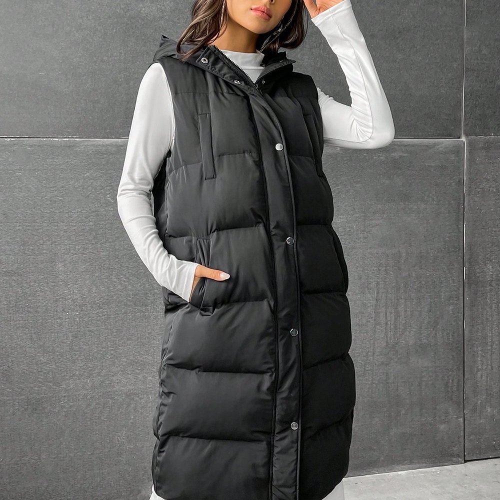Black Preppy Womens Zip Up Snap Button Drawstring Hooded Puffer Vest Coat - Picture 5 of 6